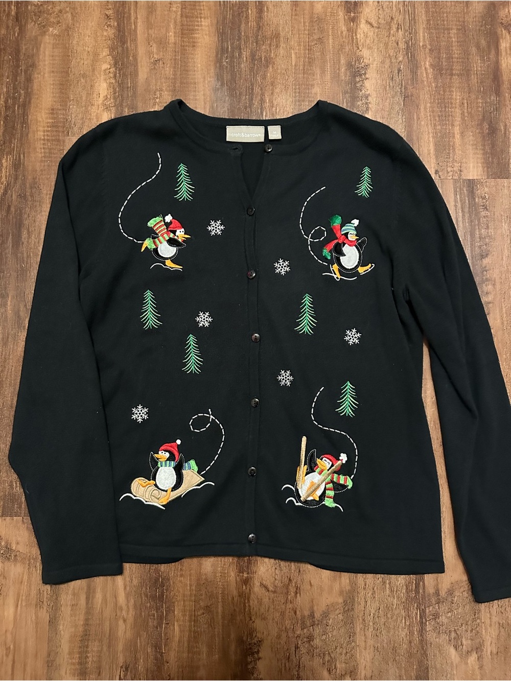 croft & barrow Black Holiday Penguin Embroidered Cardigan